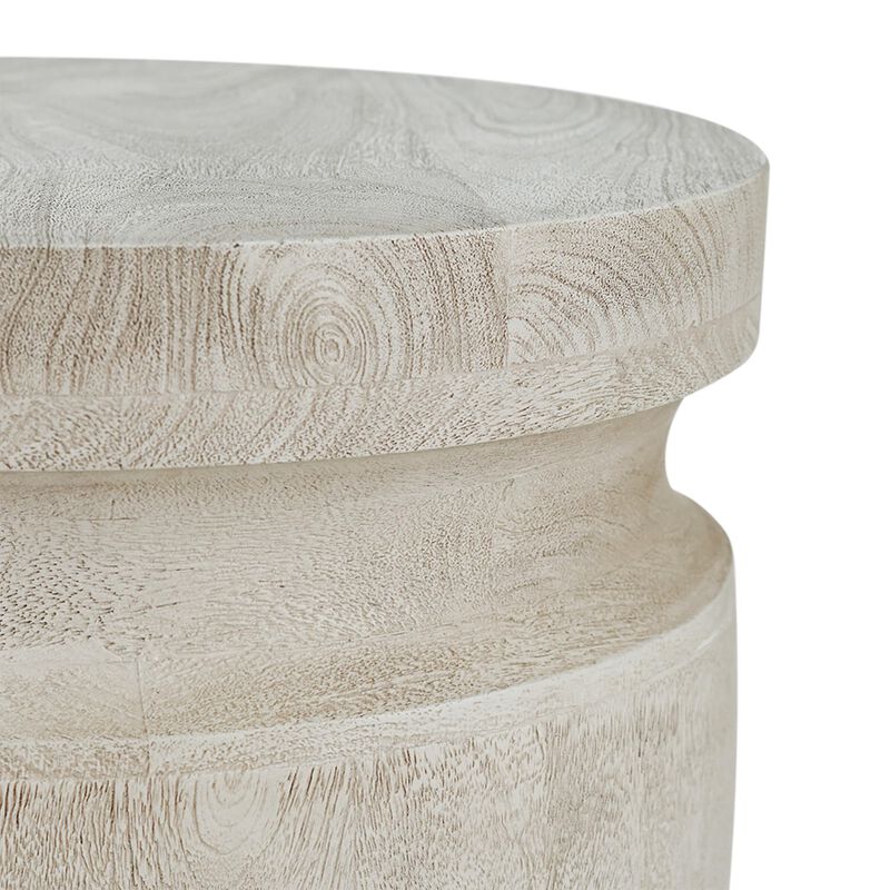 Benjara Kiv 24 Inch Side End Table, Round Mango Wood Top, Carved Accent Base, Gray, Cream