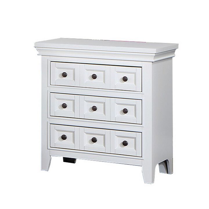 Cile 26 Inch Nightstand, 3 Panel Drawers, White Wood, Round Nickel Handles-Benzara