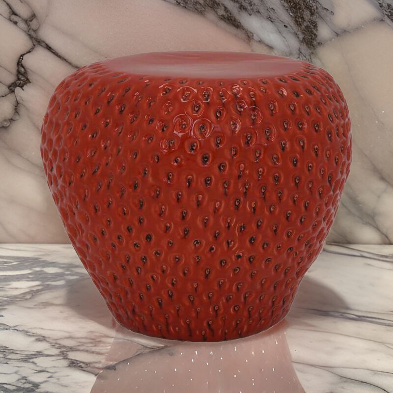 Oriha 18 Inch Plant Stand Garden Stool, Strawberry, Dotted, Red Ceramic - Benzara