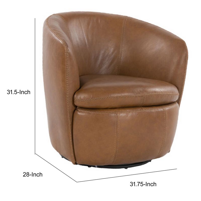 Niko Swivel Accent Chair, Round Barrel Design, Brown Top Grain Leather -