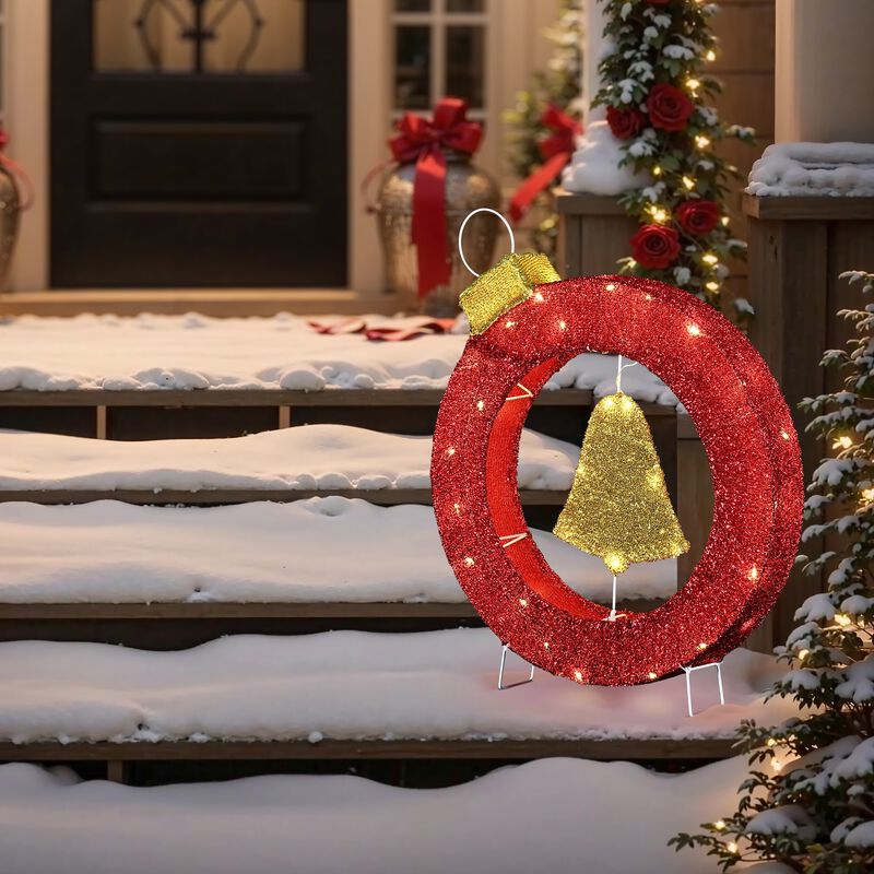 LuxenHome 1.9Ft Tall Ornament and Bell Wreath Outdoor Holiday Decoration with Lights