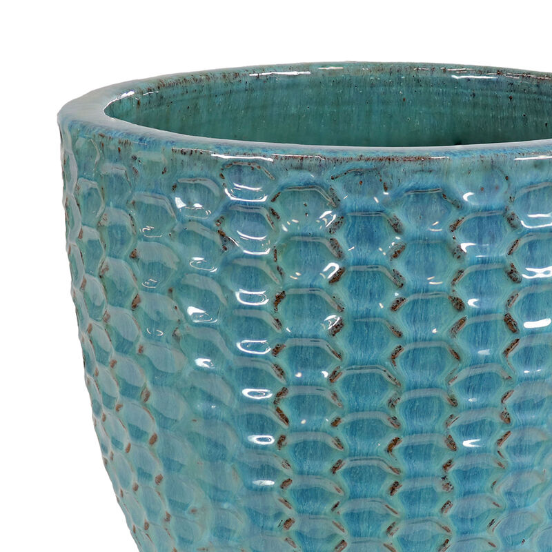 Sunnydaze Turquoise Raised Hexagon Pattern Ceramic Planter - 14"
