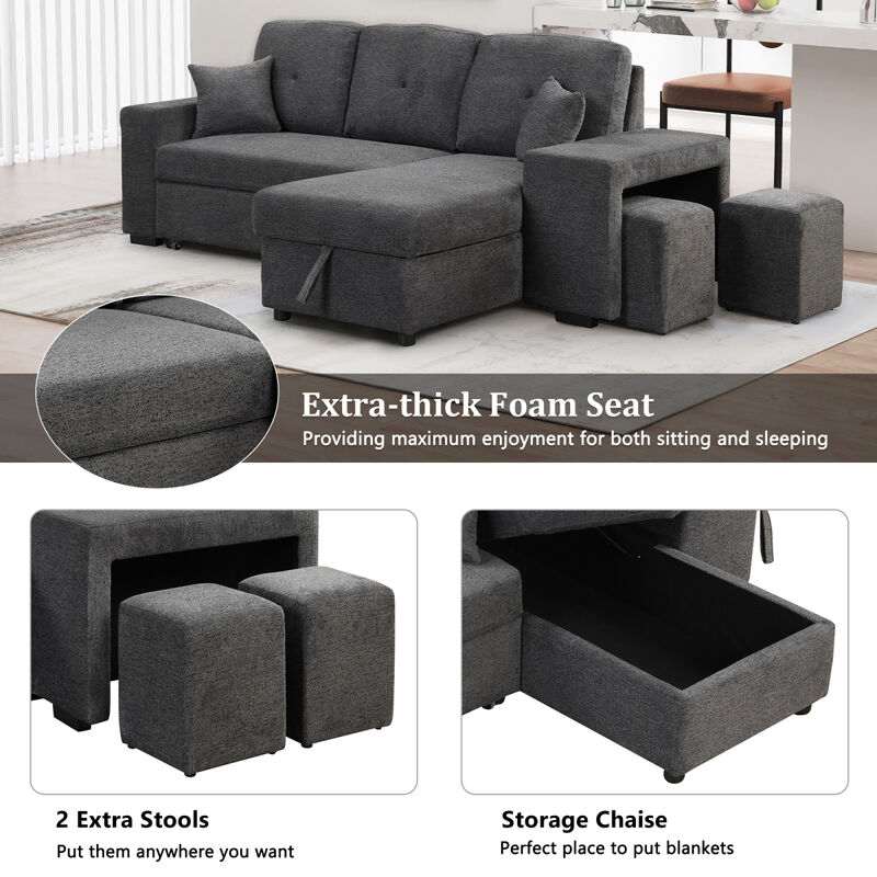 Sectional Sofa Bed with Storage Chaise and 2 Stools