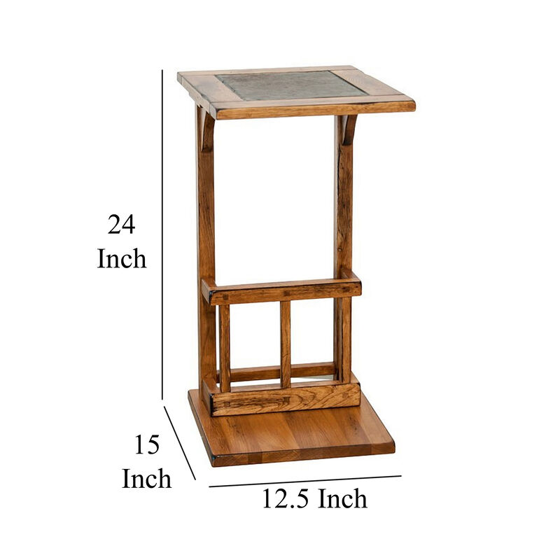 Marv Side Table with Magazine Rack, 13 Inch, Rustic Oak Finish Wood - Benzara