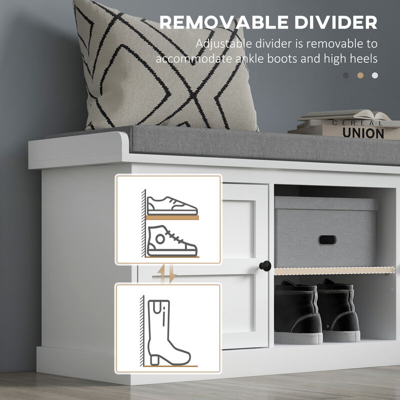 HOMCOM Storage Shoe Bench with Cushion, 2 Cabinets for Entryway, White