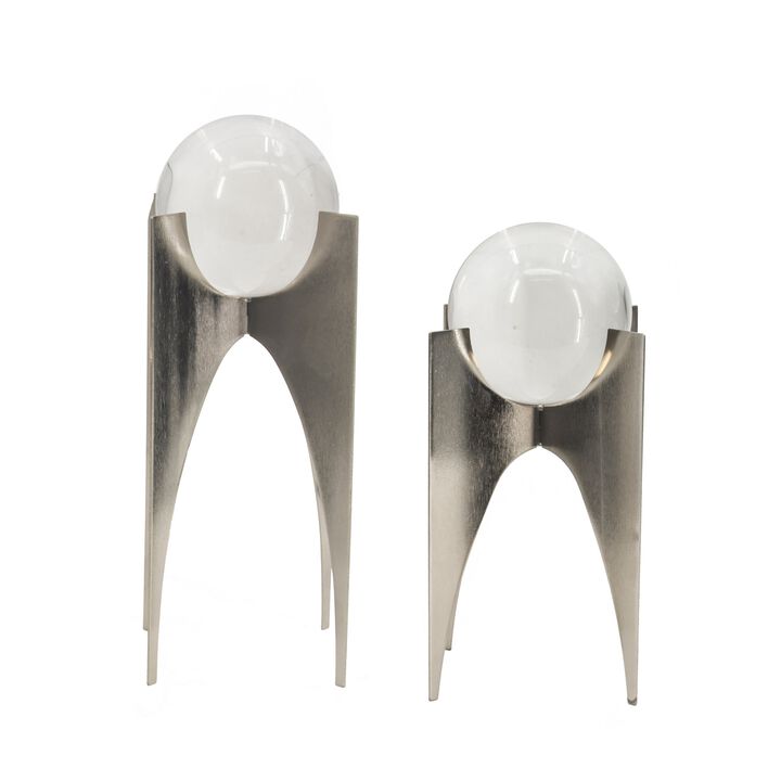 13, 10 Inch Crystal Orb Accent Decor Set of 2, Metal Stand, Art Deco-Benzara