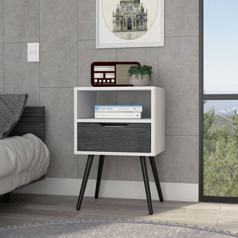 DEPOT E-SHOP Emma Nightstand, Superior Top, Four Legs, One Open Shelf, One Drawer, Dark Walnut