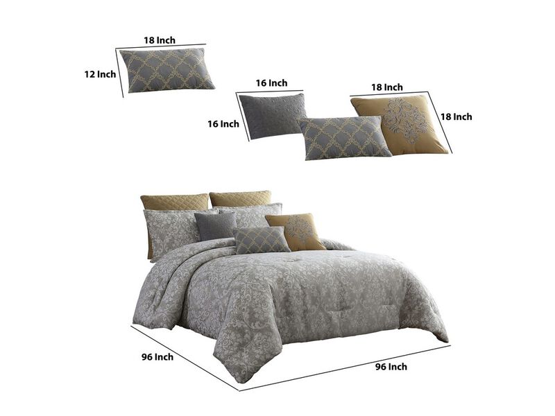 8 Piece Queen Polyester Comforter Set with Medallion Print, Gray and Gold - Benzara