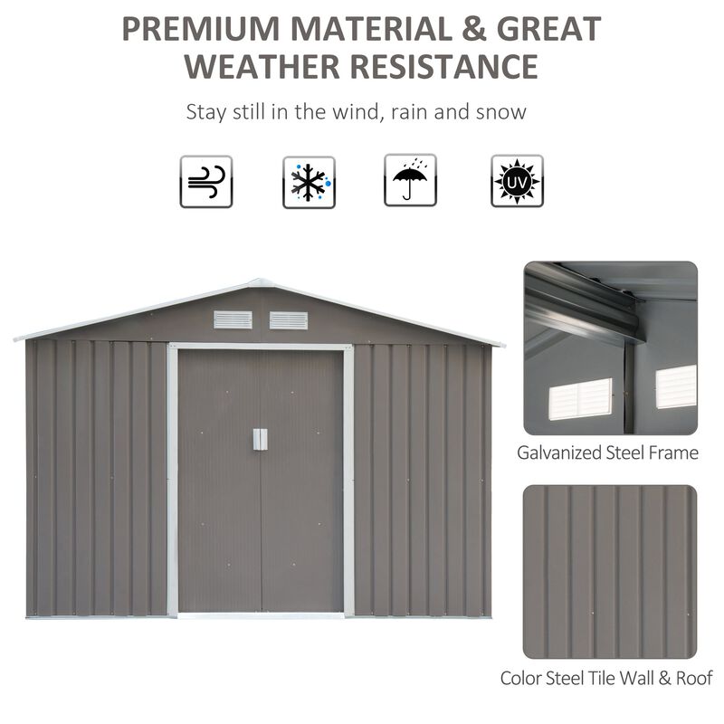 Spacious Tool Haven: 9x6 Grey Metal Storage Shed with Sliding Doors