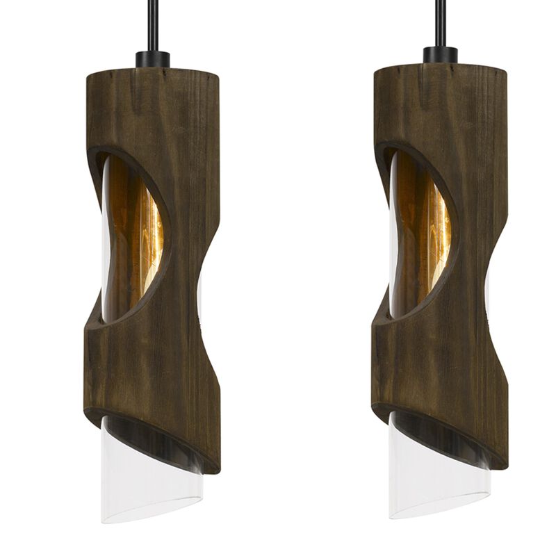 4 Light Metal Frame Pendant Fixture with Wooden and Glass Shades, Brown - Benzara