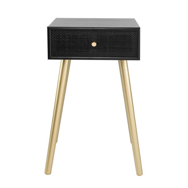 Gaia 28 Inch Pine Wood Side End Table, Gliding Rattan Drawer, Black, Gold-Benzara