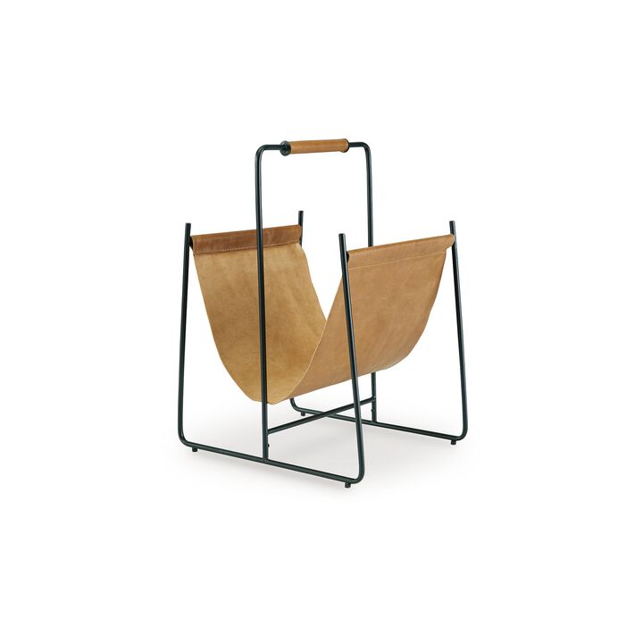 Faron Magazine File Rack with Handles, Black Metal, Brown Leather - Benzara