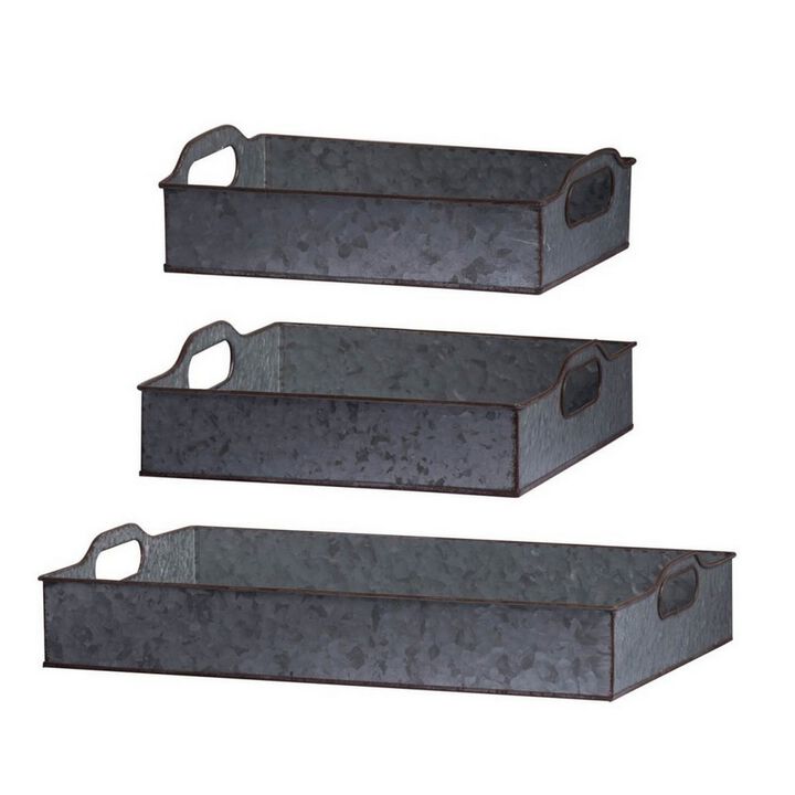 12, 12, 20 Inch Set of 3 Nesting Trays, Rectangular, Galvanized Gray Iron - Benzara