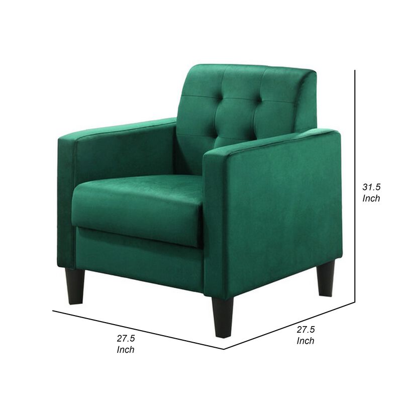 Oz 28 Inch Modern Accent Armchair with Foam Cushion, Tufted Green Velvet-Benzara