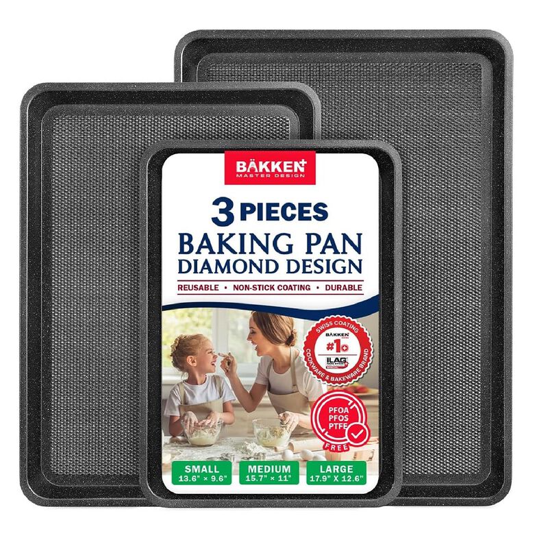BAKKEN Kitchen Baking Pans - Small, Medium, and Large Cookie Pan (13.58×9.65, 15.75×11, 17.91×12.60), Nonstick, Diamond Texture Bottom,