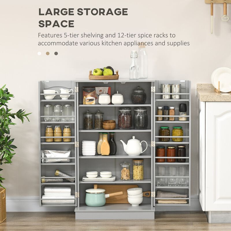 41" Gray Kitchen Pantry: 2-Door, 5-Tier, 12 Spice Racks