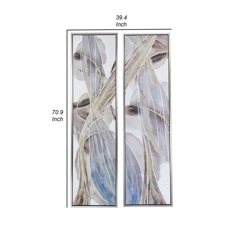 20 x 71 Tall Framed Rectangular Oil Paintings Set of 2, White Abstract - Benzara
