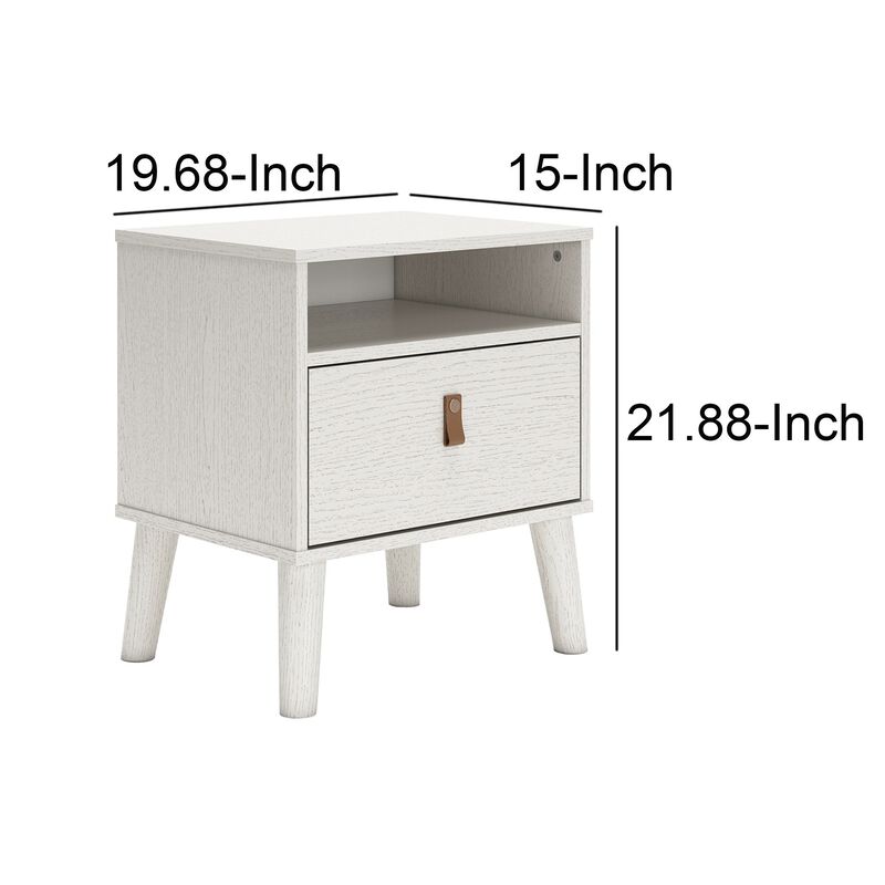 Luna 22 Inch Wood Nightstand, 1 Drawer, Faux Leather Knobs, White Finish - Benzara