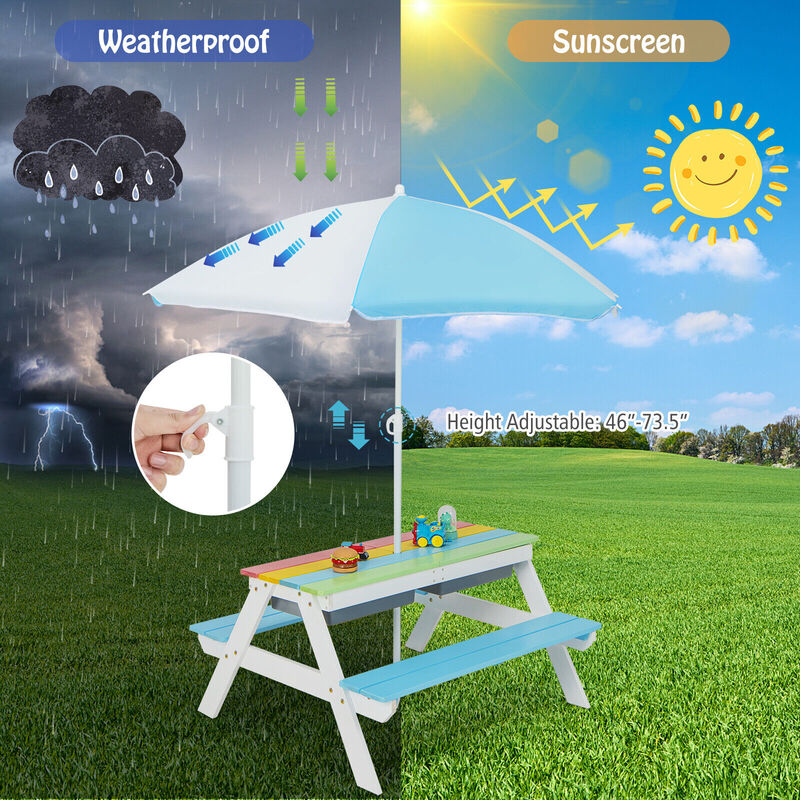 3-in-1 Kids Outdoor Picnic Water Sand Table with Umbrella Play Boxes in Blue