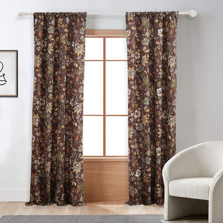 Athens 84 Inch Window Panel Curtain, Brown Microfiber Polyester, Jacobean - Benzara