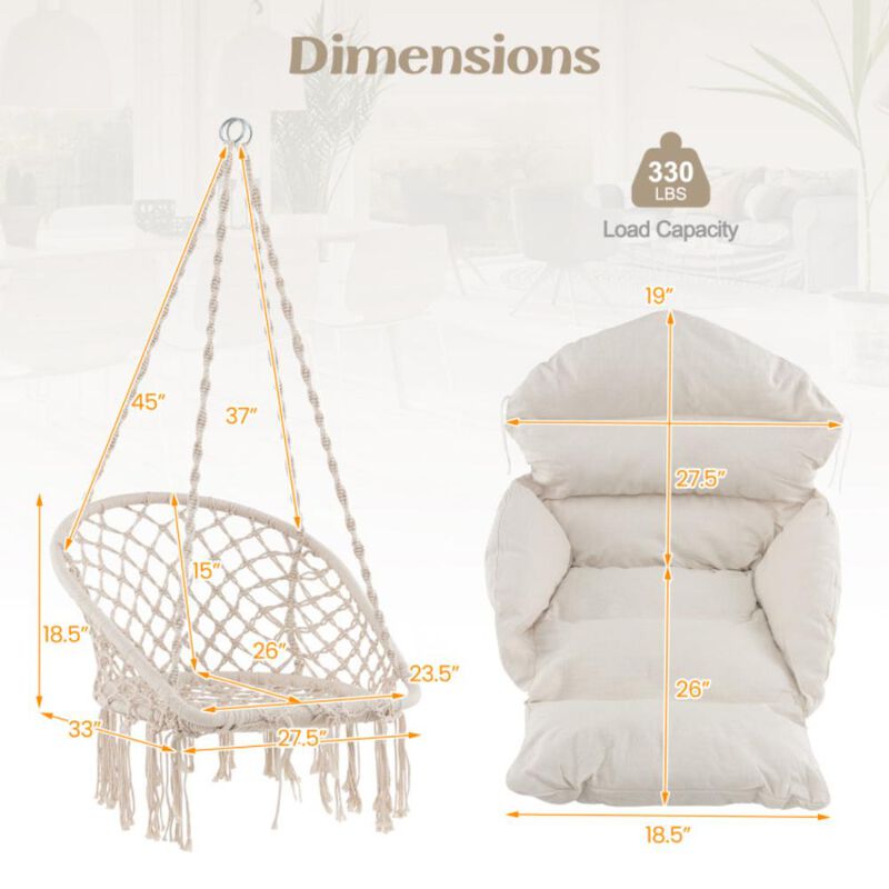 Hivvago Hammock Chair with Thick Cushion & Macrame Holds up to 330 LBS-Beige