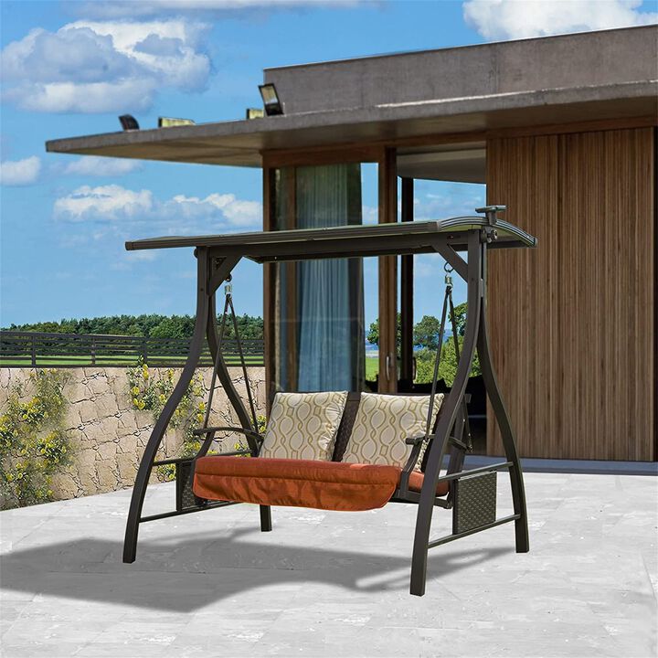 MONDAWE Patio Porch Swing Chair with Adjustable Canopy Solar LED Light Glider and Sunbrella Cushions Deluxe Hammock Swing for Outdoor Garden Balcony Backyard