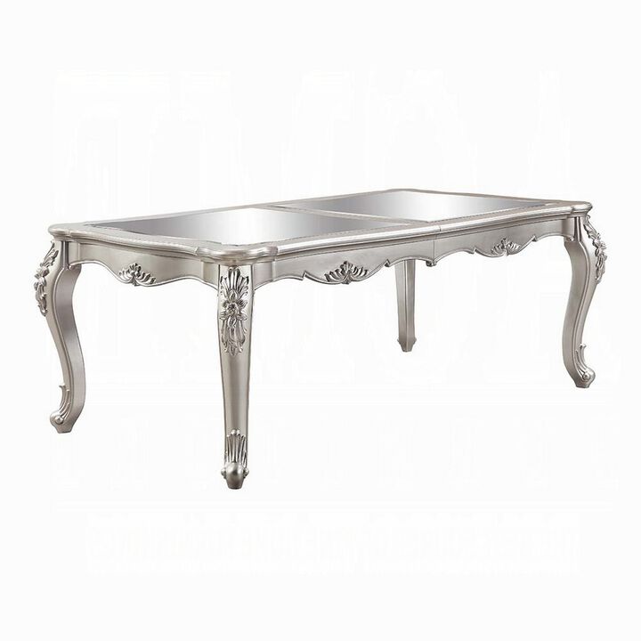 Bowe Dining Table, 80-96 Inch, Mirrored, Classic Champagne Silver Wood - Benzara