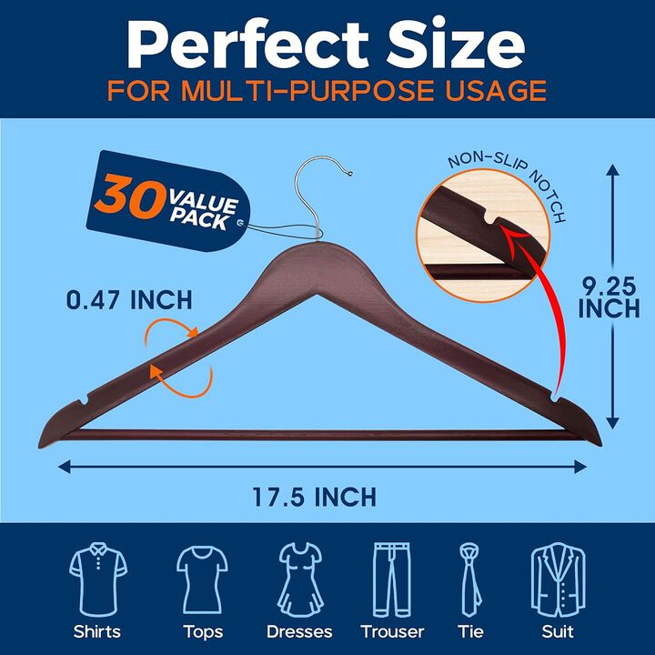 Wooden Clothes Hangers – Durable Space Saving Hanger, Non-Slip, Versatile for Organizing Dress, Coat, and Clothes, Can Hold Up To 10 lbs, With 360 Degree Swivel Hook, Cherry Color, Pack of 30