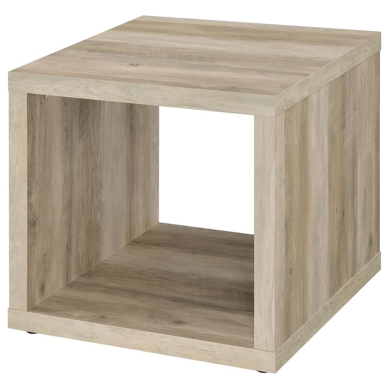 Rizz Side End Table, Square Cube Design Shelf, 23 Inch Light Brown - Benzara