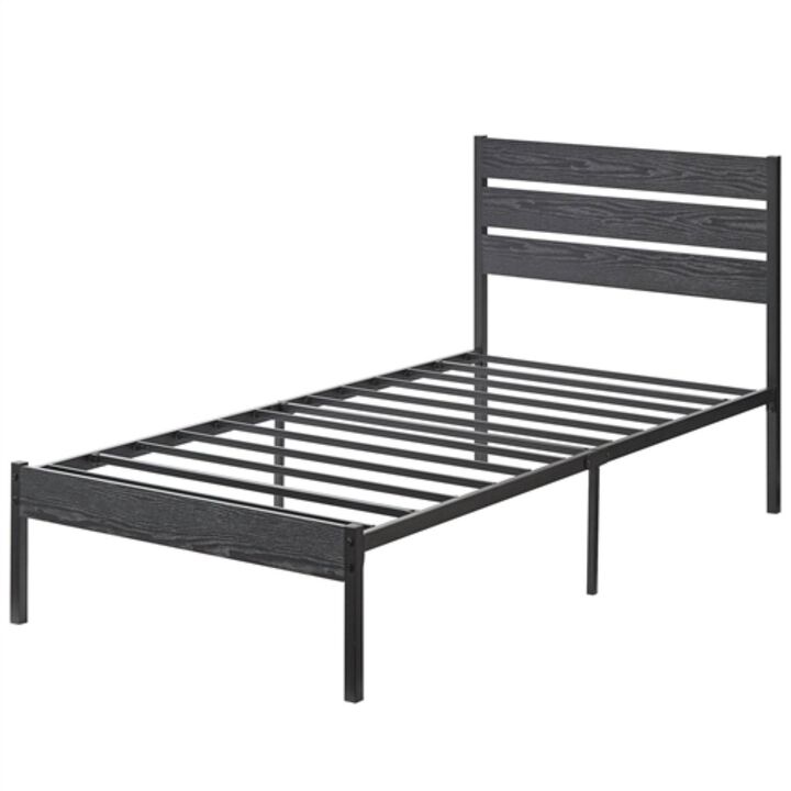 Hivvago Twin size Industrial Platform Bed Frame with Wood Slatted Headboard in Black