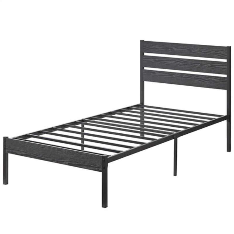 Hivvago Twin size Industrial Platform Bed Frame with Wood Slatted Headboard in Black
