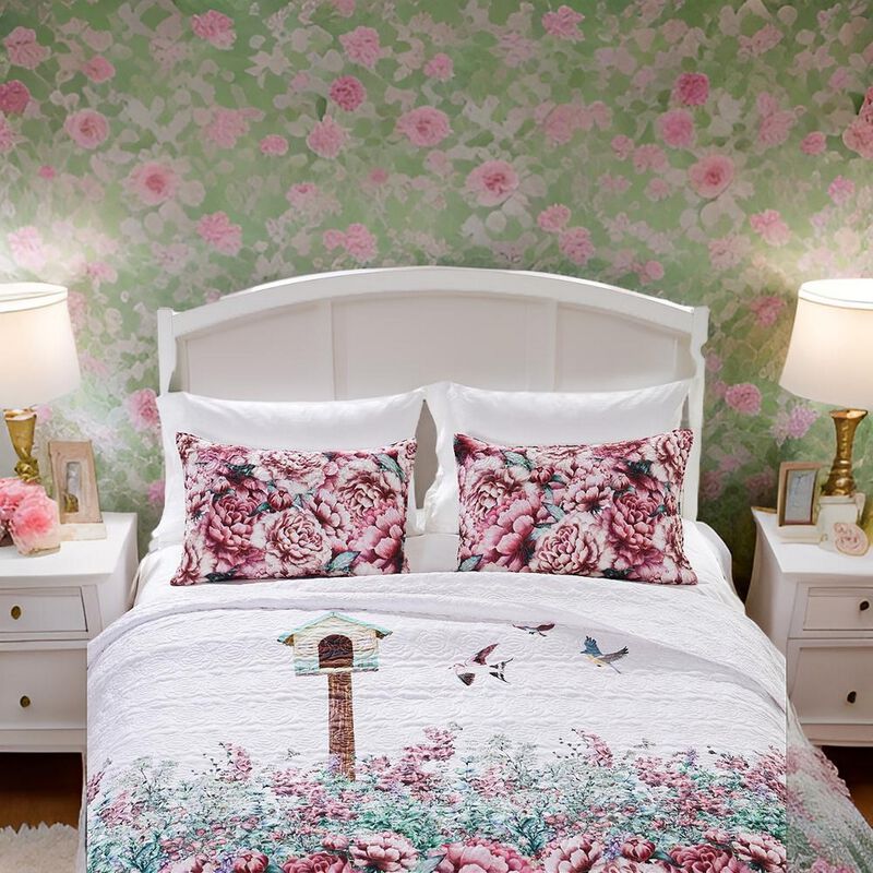 36 Inch Quilted King Pillow Sham, Cotton Fill, White and Lavender Blossoms - Benzara