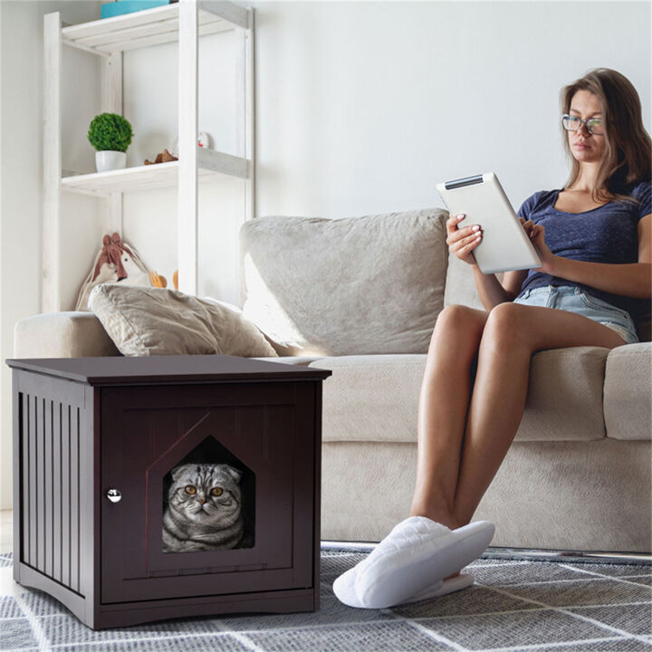 Wooden Cat Litter Box End Table, Elegant Litter Box Furniture for Living Room & Bedroom Use