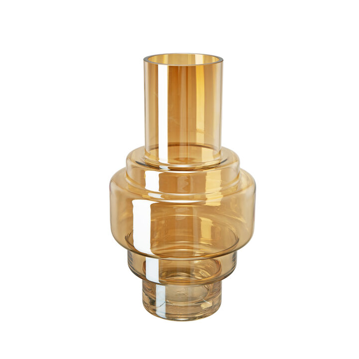 Alma 14 Inch Modern Vase, Geometric Design, Amber Luster Glass Frame-Benzara