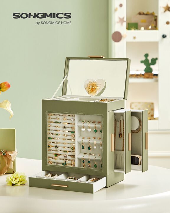 Elegant 5-Layer Jewelry Box with Glass Window, Vertical Storage Space, and Large Mirror