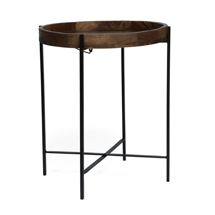 Peo Modern Side End Table, 22 Inch Round Wood Tray, Black Metal Base - Benzara