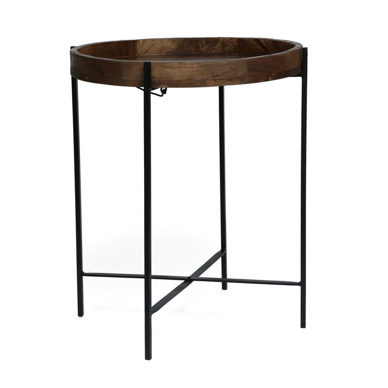 Peo Modern Side End Table, 22 Inch Round Wood Tray, Black Metal Base - Benzara