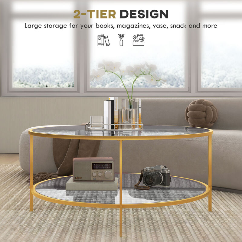 HOMCOM Round Side Table with Storage, 2-Tier End Table Tempered Glass Top