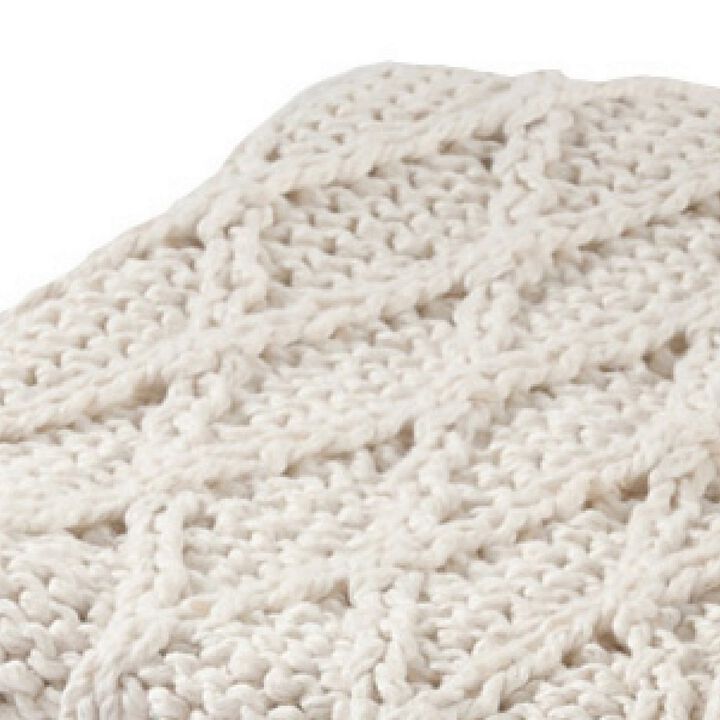 Lyla 50 Inch Cotton Throw Blanket, Hand Knitted Diamond Pattern, White-Benzara