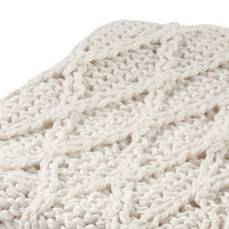 Lyla 50 Inch Cotton Throw Blanket, Hand Knitted Diamond Pattern, White-Benzara