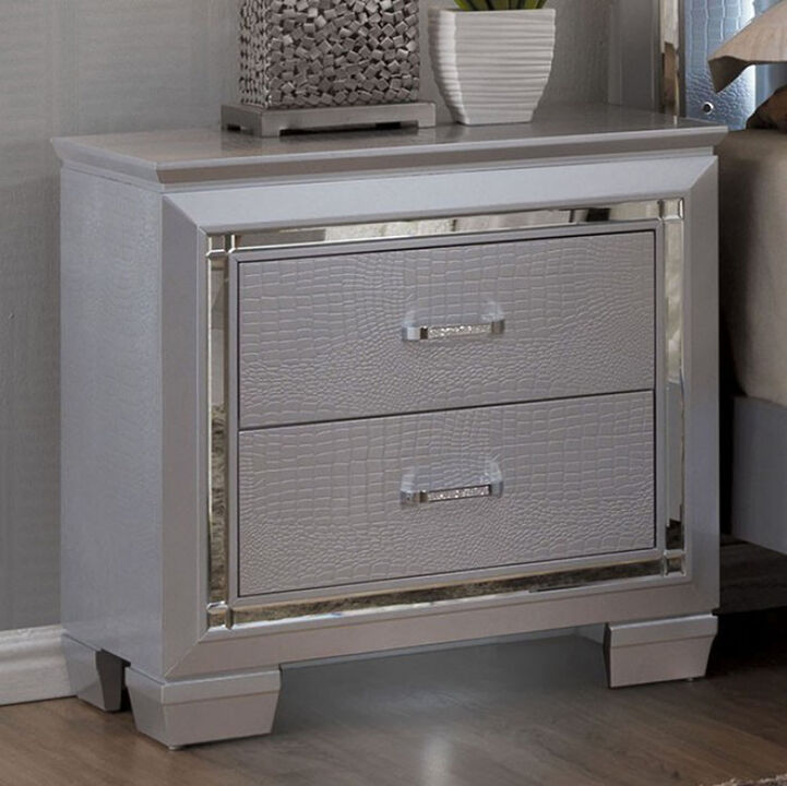 2 Drawer Wooden Nightstand with Embossed Textured Details, Gray-Benzara