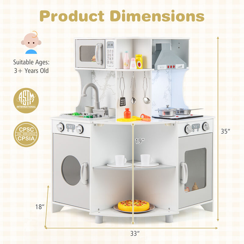 Kids Corner Wooden Play Kitchen with Range Hood and Stoves