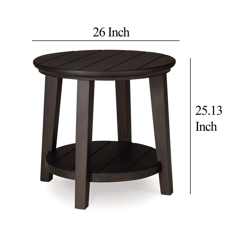 Liu Side End Table w Bottom Shelf, 26 Inch Round Cherry Brown Plank - Benzara