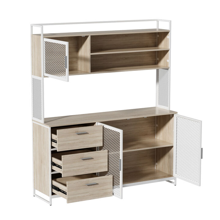 59 in. W Kitchen Beige Wood Buffet Sideboard Pantry Cabinet For Dining Room with Metal Mesh Doors, 3-Drawers, Shelves