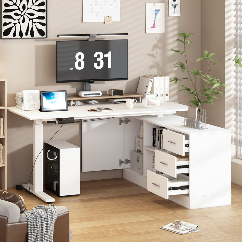 FUFU&GAGA 63-in White Modern/Contemporary L-shaped Desk Hutch Included  (63" W x 31.5" D x 29.1" H) ,White