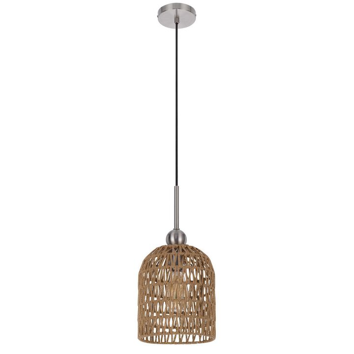 8 Inch Dia. Pendant Ceiling Light Fixture, Rope Woven Shade, Brown, Chrome-Benzara