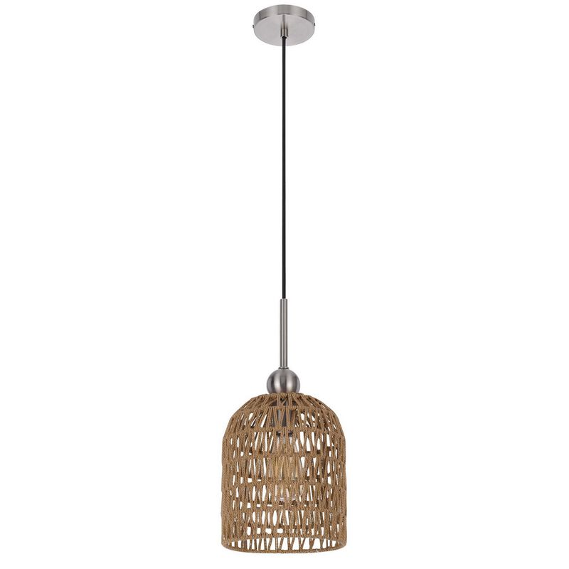 8 Inch Dia. Pendant Ceiling Light Fixture, Rope Woven Shade, Brown, Chrome-Benzara