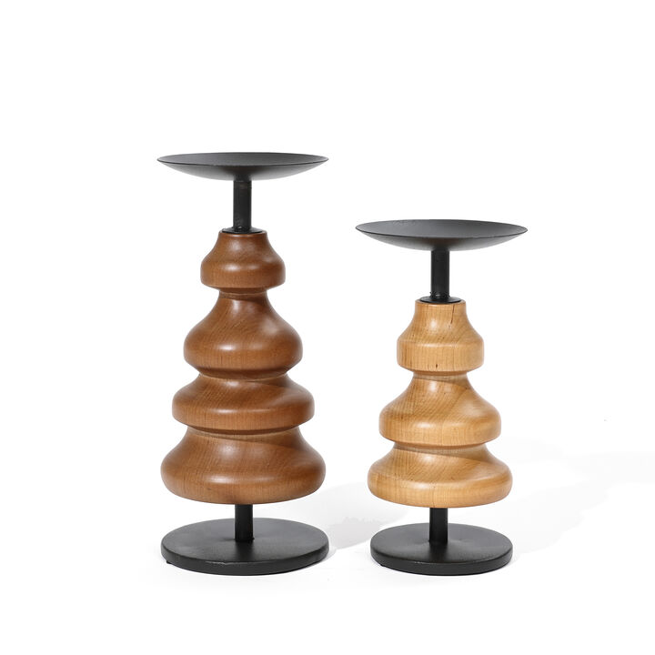LuxenHome 2-Piece Birch Wood with Metal Pillar Candle Holder Set