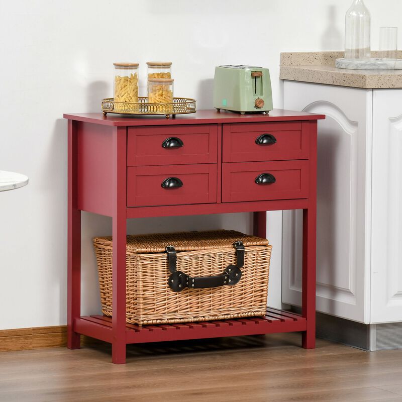 Red Dining Storage: Sideboard with 4 Drawers and Slatted Shelf