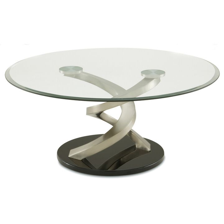 Coffee Table with Twisted Metal Base and Round Glass Top, Silver and Black-Benzara